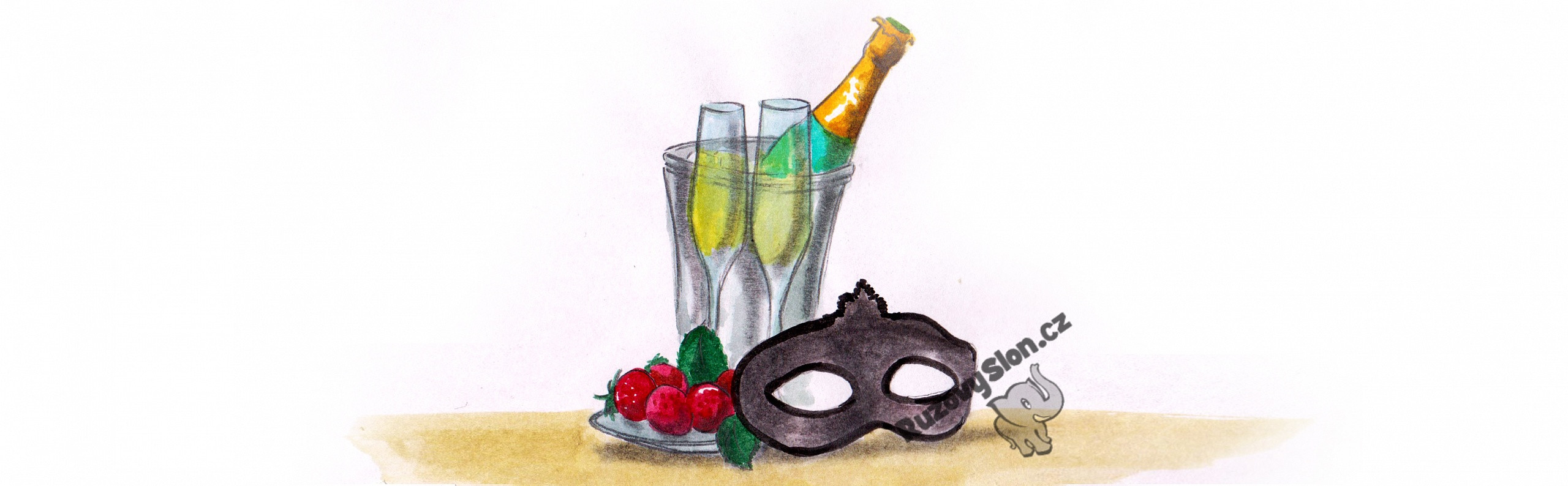 sekt, maska a jahody