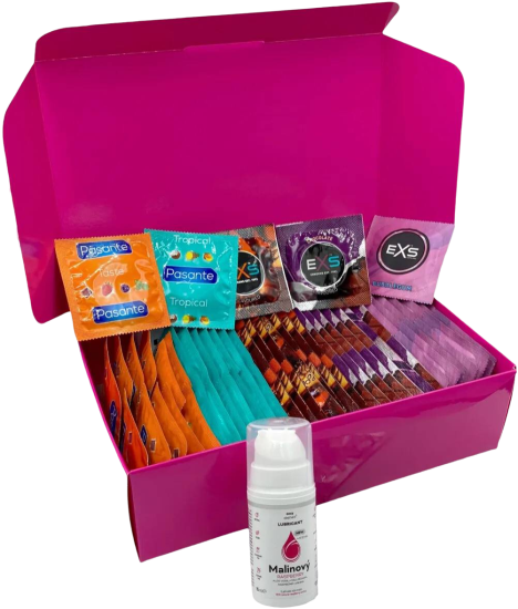 Sada ochucených kondomů – Tasty pack (72 ks) + SE malinový lubrikační gel 15 ml + silikonová pouta Handcuffs