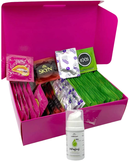 Sada vroubkovaných kondomů – Stimulation pack (72 ks) + SE hřejivý lubrikační gel 15 ml + silikonová pouta Handcuffs