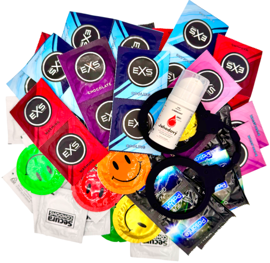 Sada různých kondomů – Explore pack (72 ks) + SE jahodový lubrikační gel 15 ml + silikonová pouta Handcuffs