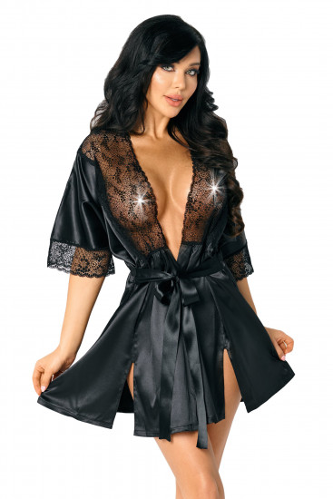 Černý župan Satin Seduction, L–XL