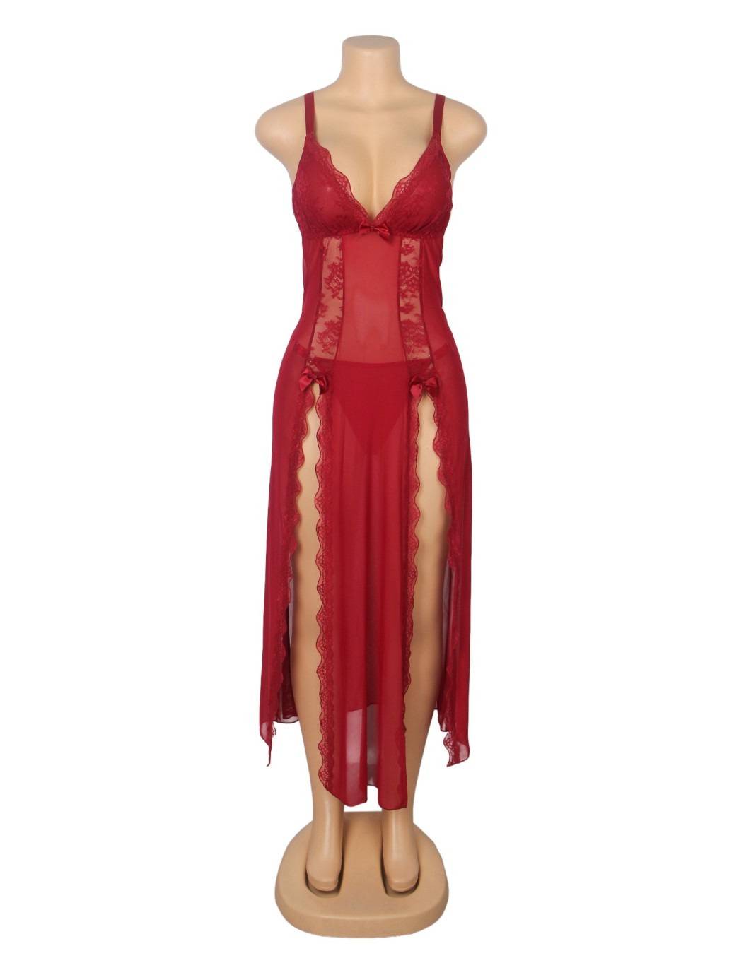 Red Sexy Mesh Lace Long Split Nightgown