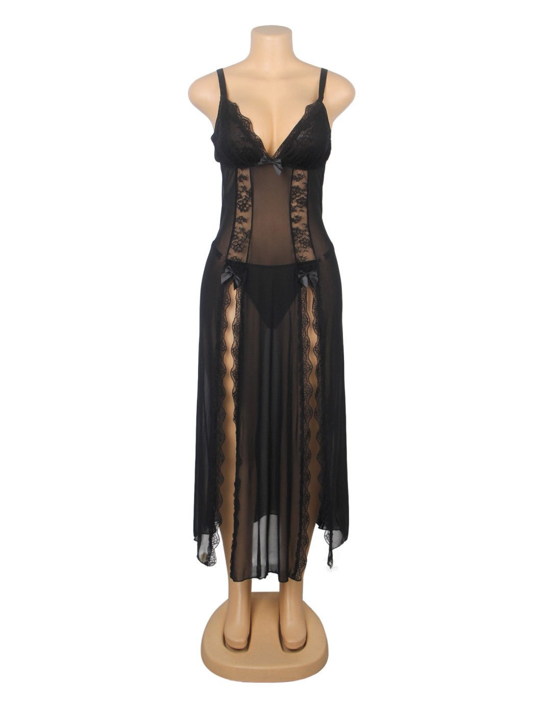 Black Sexy Mesh Lace Long Split Nightgown