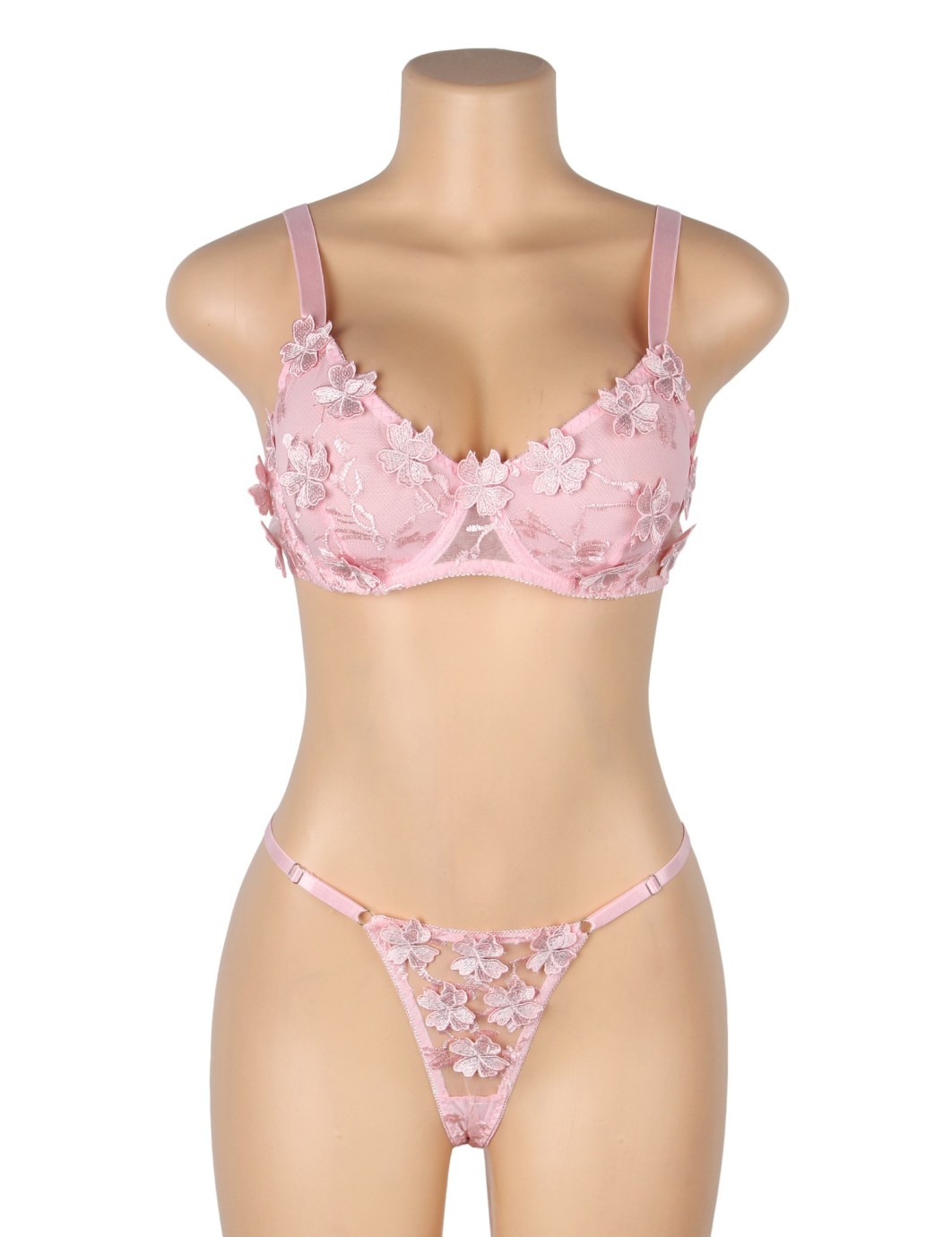 Pink Sexy Floral Mesh Embroidery Lace Bra Set