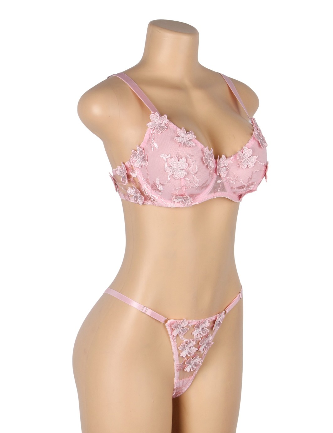 Pink Sexy Floral Mesh Embroidery Lace Bra Set