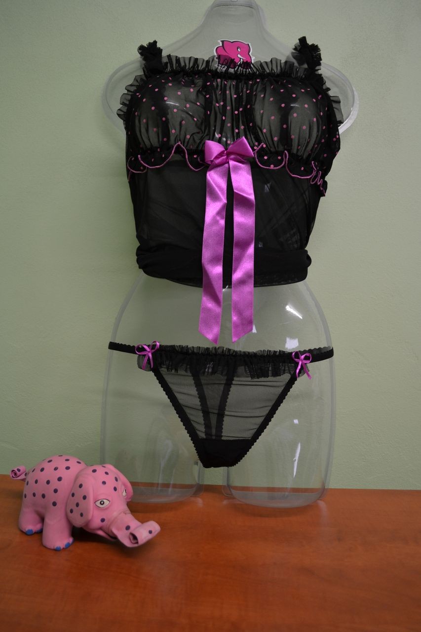 Košilka Klára černá s růžovou mašlí + tanga