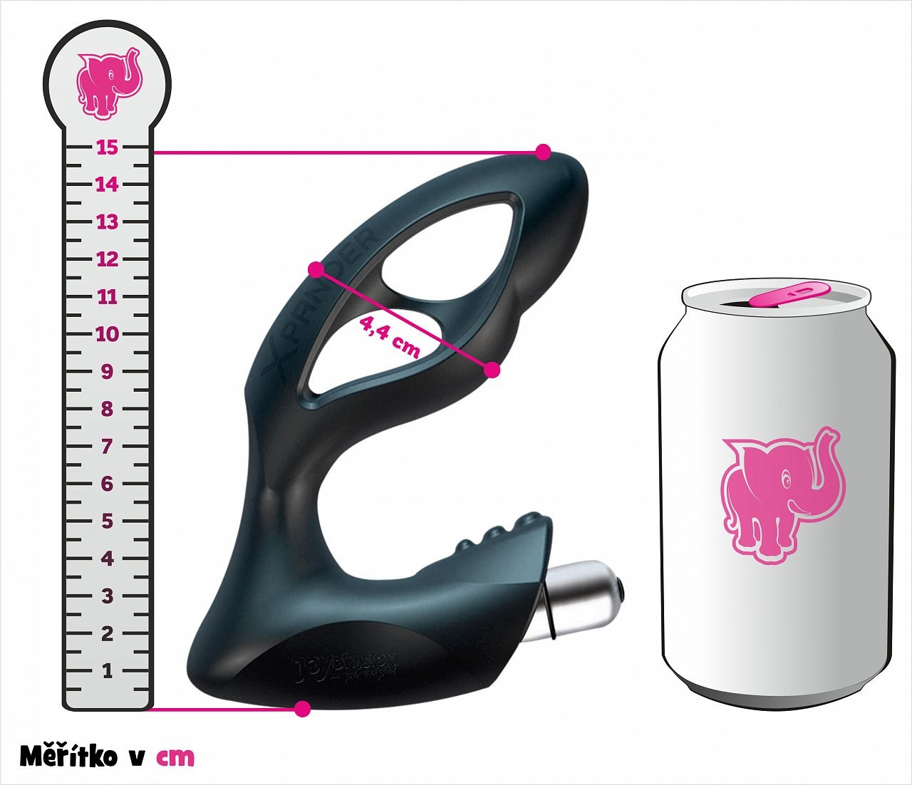 Anální kolík XPander s vibrační patronou, roztahovací – rozměry