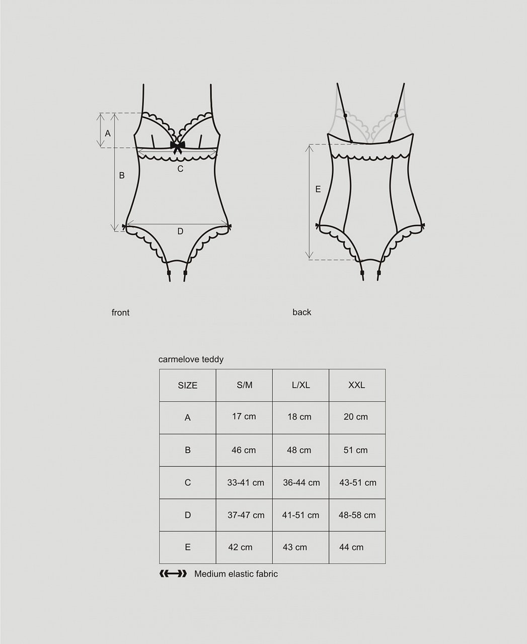 Saténové body Carmelove, míry