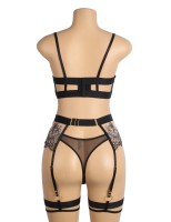 Black Sexy Mesh Embroidery Lace Garter Bra Set