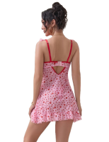 Pink Heart Printed Mesh Ruffled Sexy Nightdress