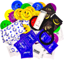 Sada klasických kondomů – Basic pack (72 ks) + SE natural lubrikační gel 15 ml + silikonová pouta Handcuffs