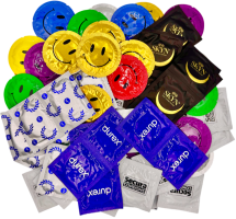 Sada klasických kondomů – Basic pack (72 ks) + SE natural lubrikační gel 15 ml + silikonová pouta Handcuffs