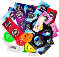 Sada různých kondomů – Explore pack (72 ks) + SE jahodový lubrikační gel 15 ml + silikonová pouta Handcuffs