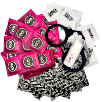 Sada zesílených kondomů – Anal pack (72 ks) + SE anální lubrikační gel 15ml + silikonová pouta Handcuffs