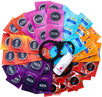 Sada ochucených kondomů – Tasty pack (72 ks) + SE malinový lubrikační gel 15 ml + silikonová pouta Handcuffs
