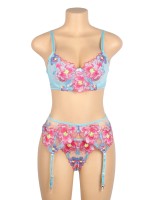 Blue Sexy Mesh Embossed Floral Bra Set with Garter Belt