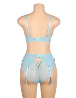 Blue Sexy Mesh Embossed Floral Bra Set with Garter Belt