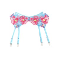 Blue Sexy Mesh Embossed Floral Bra Set with Garter Belt