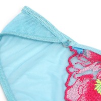 Blue Sexy Mesh Embossed Floral Bra Set with Garter Belt