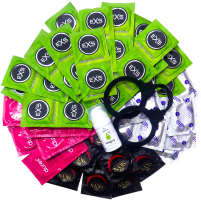 Sada vroubkovaných kondomů – Stimulation pack (72 ks) + SE hřejivý lubrikační gel 15 ml + silikonová pouta Handcuffs