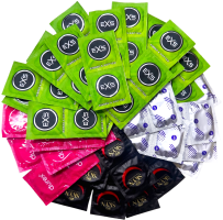Sada vroubkovaných kondomů – Stimulation pack (72 ks) + SE hřejivý lubrikační gel 15 ml + silikonová pouta Handcuffs