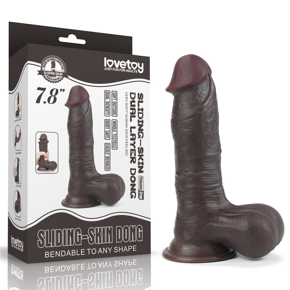 Dvojitě vrstvý dildový kolík s posunovací kůží 19,8 cm, hnědý