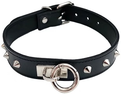 ROUGE Leather Thin O-Ring Studded Collar with Detachable O-Ring Black